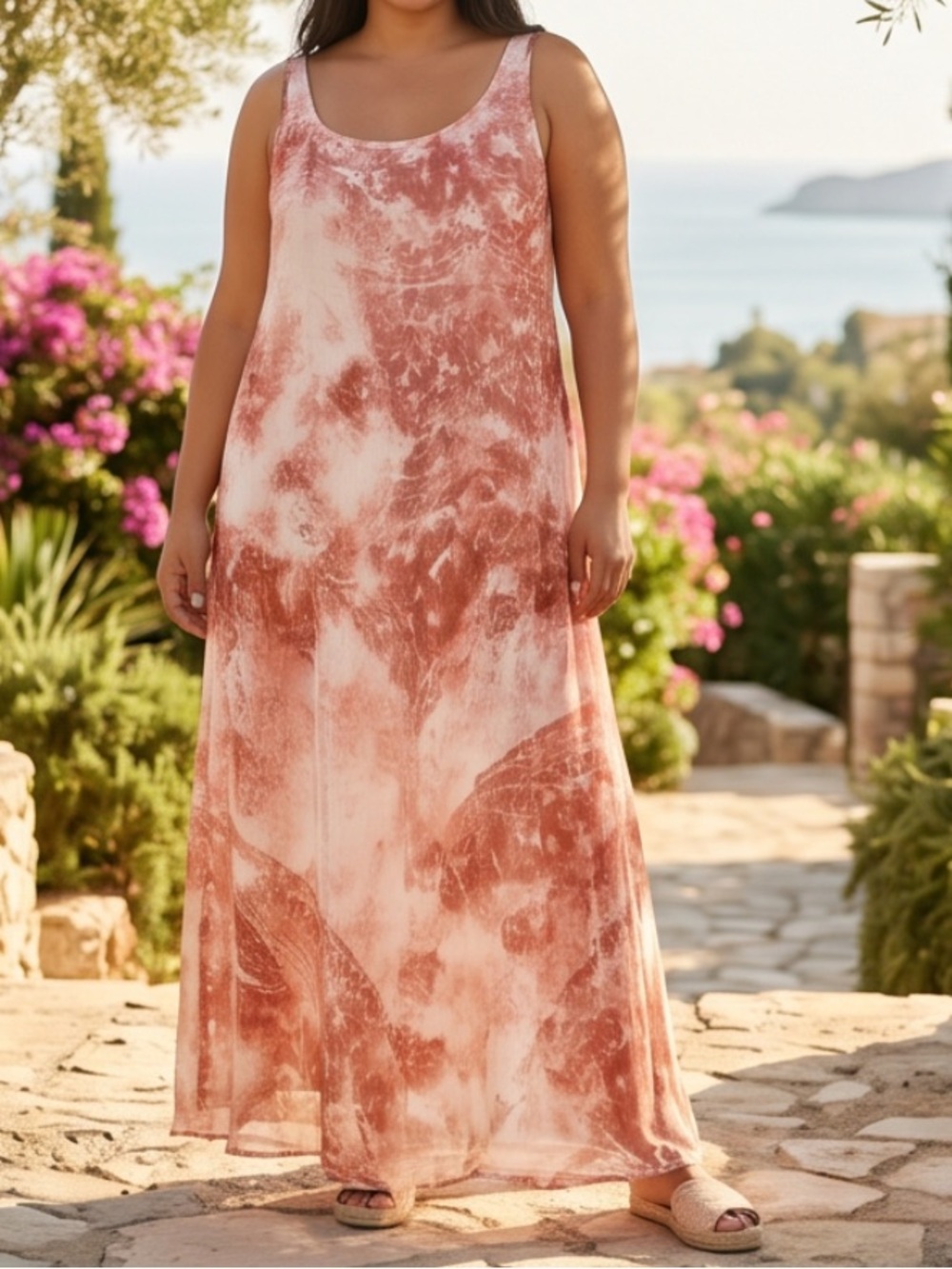 Chic burnt orange and White Patterned Maxi Summer Holiday Dress